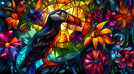 Stained glass vector-style image of beautiful Puffin bird tail, tropical flowers, bird feathers, color coordinated abstract expressionism surrealism apophysis paisley design