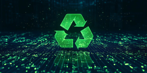 A high-tech recycling background with a glowing, digital symbol in neon green, set against a dark, futuristic backdrop with subtle grid patterns.