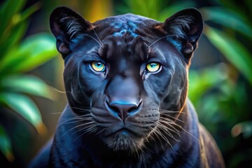 Majestic black panther with piercing blue eyes gazes intensely into the camera, its sleek fur and powerful muscles on full display in a stunning portrait.