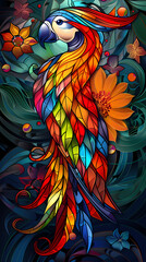Obraz premium Stained glass vector-style image of beautiful Puffin bird tail, tropical flowers, bird feathers, color coordinated abstract expressionism surrealism apophysis paisley design