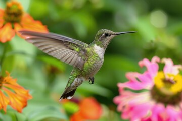 Vibrant hummingbird in flight amidst colorful garden blossoms AI