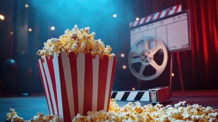 Popcorn spilling out of a striped movie theater box, with a film reel and clapperboard in the background