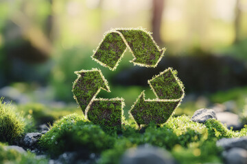 A serene, nature-inspired background featuring a recycling icon made from green moss and natural textures, set against a smooth, soft-focus backdrop.
