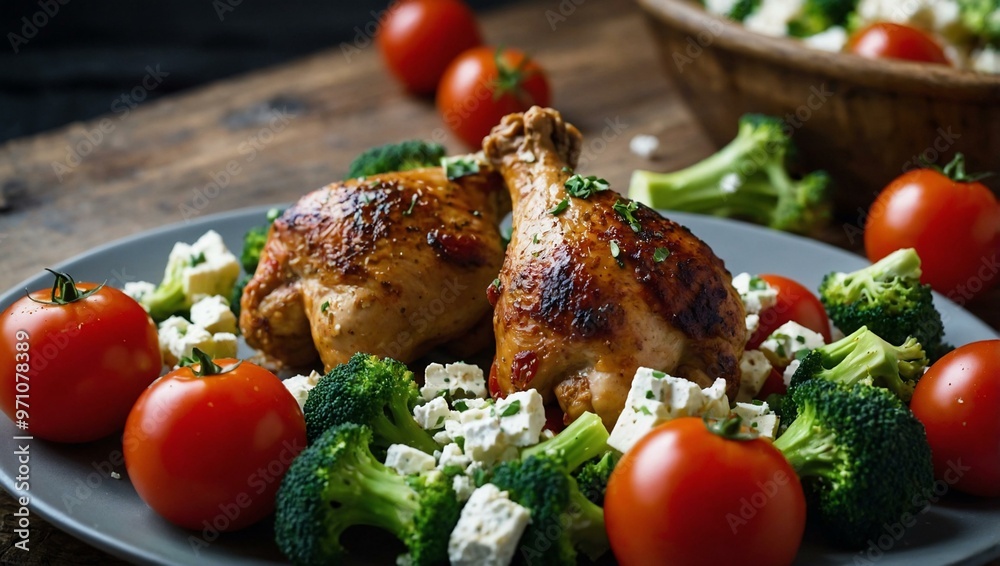 Sticker Keto chicken legs with feta, tomatoes, and broccoli.