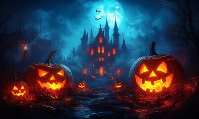 Fototapeta premium illustration of a scary halloween design with glowing pumpkins and castle