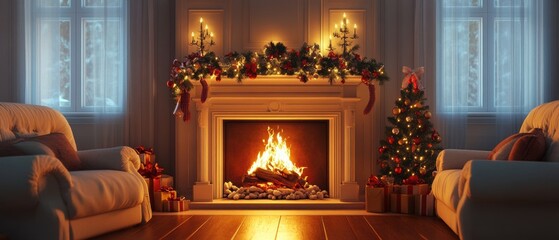 Cozy living room with fireplace and Christmas decorations, creating a warm festive atmosphere for the holiday season.