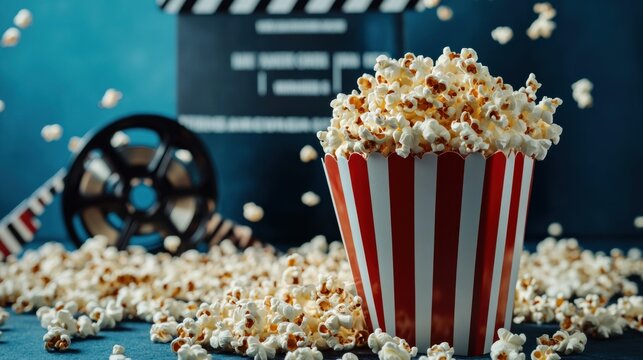 Popcorn spilling out of a striped movie theater box, with a film reel and clapperboard in the background