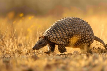 Obraz premium Armadillo walking in golden sunlight on an autumn day AI