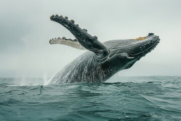 Fototapeta premium Majestic humpback whale breaching ocean surface in an epic display of nature's power AI
