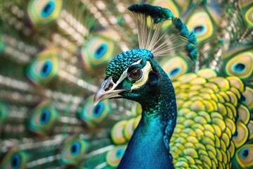 Obraz premium Majestic peacock displaying vibrant feathers in natural habitat AI