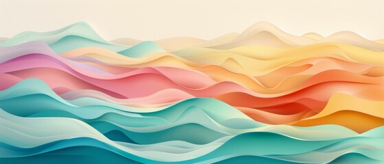 Obraz premium Vibrant 3D landscape with colorful wavy patterns on a light background. Fluid shapes blend rich hues creating a warm, soft, and artistic scene.