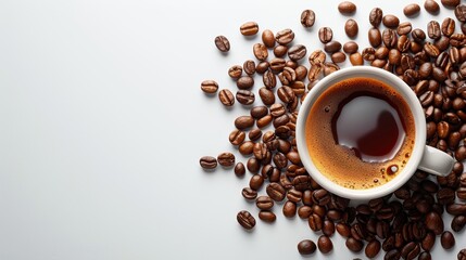 Naklejka premium Photo of a cup and coffee beans on a white background, top view with copy space concept for a healthy lifestyle. Web banner with copy space from left to right. On the right side, there is a free text 