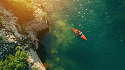 Person in orange kayak on serene blue lake near cliff, wearing green wetsuit, holding paddle. High-angle view shows expansive, vibrant scenery.
