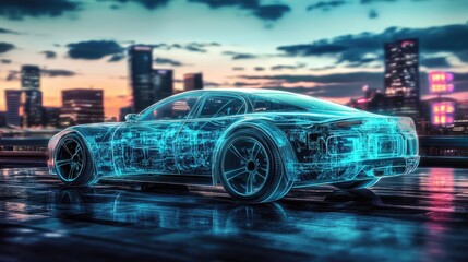 A futuristic transparent car design showcasing its internal components against a city backdrop.