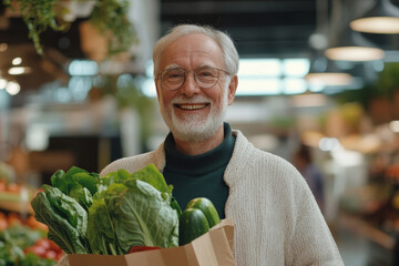 Fototapeta premium man holding paper bag with fresh vegetables on market