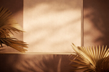 Autumn aesthetic interior showroom background with natural home decor. Seasonal podium table for...