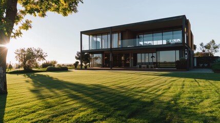 Obraz premium Modern glass luxury home exterior at sunset with landscaped yard