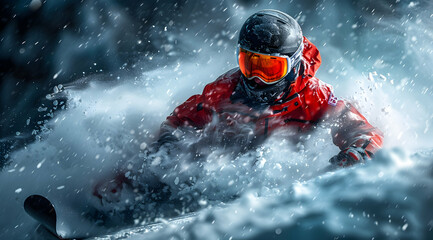 Snowboarder in a Red Suit Cutting Through Deep Powder - Realistic Photo