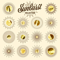 Vintage sunburst, sunset beams. Gold foil, shiny handmade circles. Golden glittering texture, pattern. Hand drawn bursting sun, light rays. Logotype or lettering, retro style. Vector illustration