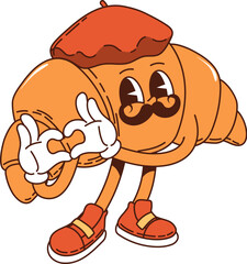 Retro groovy breakfast character, croissant in French red hat beret with love heart gesture, cartoon vector. Groovy retro French croissant with mustaches for bakery or patisserie breakfast comic emoji