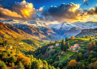 Majestic Lebanon Mountains landscape featuring rugged snow-capped peaks, lush green forests, and serene valleys, bathed in warm golden light during a tranquil winter morning.