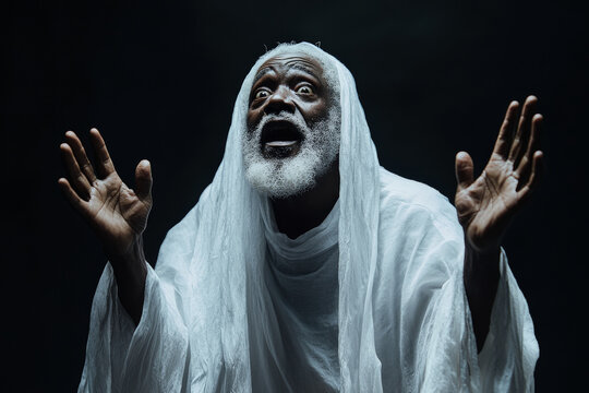 Senior Black man in a ghost costume with a joyful, wild expression, standing isolated on a black background.