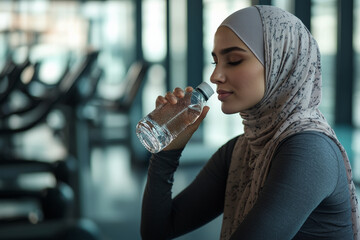 Middle-aged Arabian female boxer, wearing a hijab, sitting on a bench in a modern health club, taking a sip of water. Her eyes are closed, and She is savoring the brief moment of rest before returning