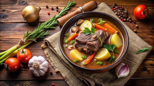 Traditional beef leg soup accompanied by vegetables and spices, beef leg, soup, traditional, Afghanistan, Armenia, Azerbaijan