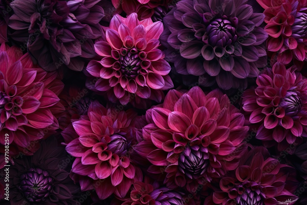 Aufkleber An array of dahlias in various shades of deep pink and purple fill the frame, highlighting their unique shapes and vibrant hues, creating a stunning visual display