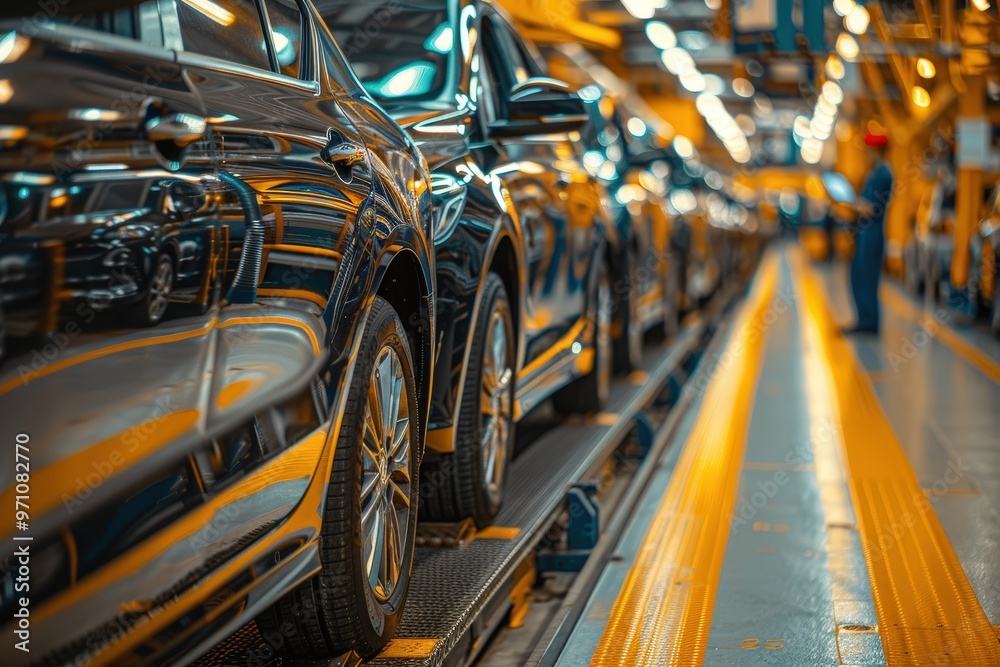 Poster a line of newly assembled cars glistens under factory lights while workers monitor quality control i