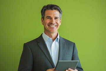 Middle-aged Caucasian businessman with a touchpad, smiling warmly in a corporate office, standing against a green background.