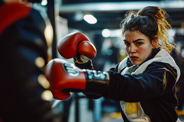 A young adult woman, dressed in modern boxing gear, is working on her uppercuts with a trainer in a well-equipped boxing club. Her fierce determination is evident in every movement.
