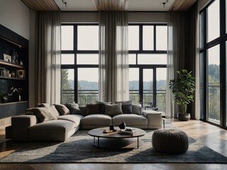 Modern living room with large windows and a cozy sofa.