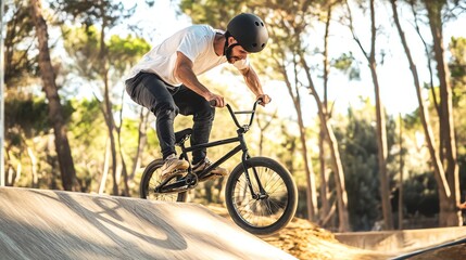 Fototapeta premium A man is riding a BMX bike.
