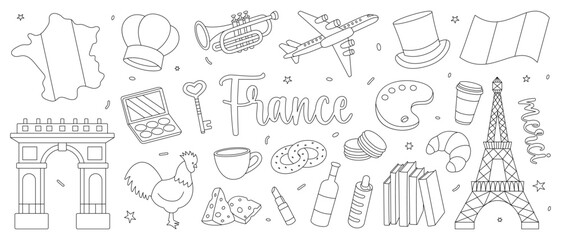 France outline set. Travel to France illustration. French linear symbols. Hand drawn elements for vacation card or print postcard. Vector illustration