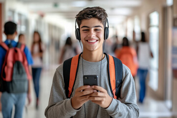 A cheerful Hispanic male student, with short hair and a casual style, is standing in the school hallway, his headphones on, and using his smartphone. He is smiling at the screen, with the lively