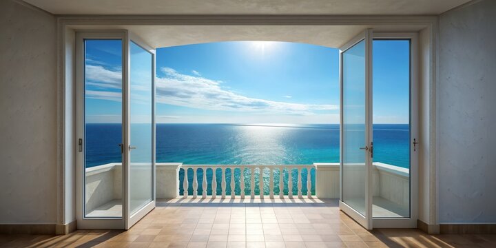 Fototapeta Illustrated view of terrace window overlooking tranquil Mediterranean Sea, Mediterranean, terrace, window, ocean, view,scenic