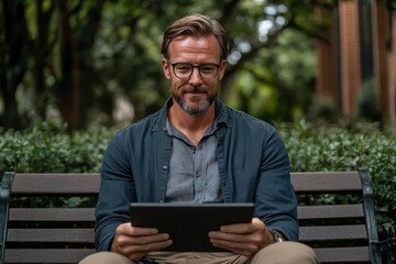 Fototapeta premium A casually dressed man with a beard and glasses reads on a tablet while sitting on a park bench, embodying leisure, technology integration, and peacefulness.