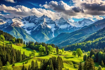 Majestic mountain range with snow-capped peaks and lush green forests slowly shifting in the distance, emphasizing the vastness and serenity of the natural landscape.