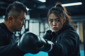 A young Japanese sportswoman, her eyes full of determination, practicing uppercuts with her male coach in a minimalist gym. The coach, a seasoned fighter, adjusts her posture and encourages her to
