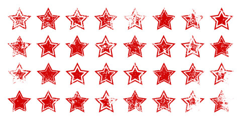 Red vintage stars with cracks and stains. Old hand-drawn sign, black simple shape. Retro design element with distressed effect, grunge texture. Vector illustration