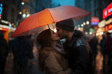 A couple sharing a romantic kiss under a vibrant orange umbrella in a rainy urban setting, with bright city lights gleaming in the background highlight the moment.