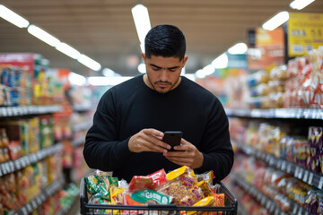 Young Hispanic man scrolling through his phone while shopping in the snacks aisle of a busy supermarket, pushing a cart full of groceries, with a focused expression.