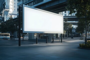 Fototapeta premium Blank billboard at the bus stand in the city 3D illustration Big blank billboard white LED screen with generative ai