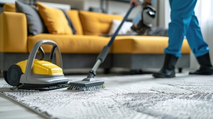 Fototapeta premium A person vacuuming furry carpet as cleaning services concept wearing protective clothes and rubber gloves professional at work using specialized equipment