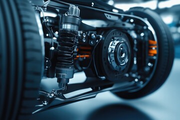 Electric eco car front axle steering system components.