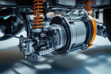 Electric eco car front axle steering system components.