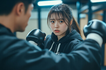A young Japanese sportswoman, her eyes full of determination, practicing uppercuts with her male coach in a minimalist gym. The coach, a seasoned fighter, adjusts her posture and encourages her to