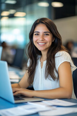 Young Hispanic female entrepreneur working in a modern corporate office, smiling at the camera, typing on a laptop with documents spread out on her desk, with a blue background.