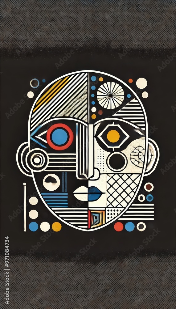 Poster A striking abstract design features a stylized face composed of geometric shapes and vivid colors, set against a dark backdrop. The artwork showcases intricate patterns and symmetrical elements